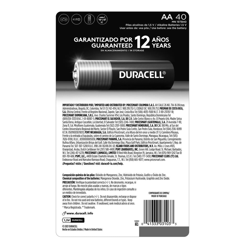 Duracell Baterías Alcalinas AA | Pack de 40 Unidades | Potencia de Larga Duración