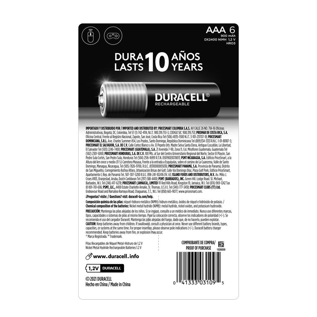 Duracell Baterías Recargables AAA | Pack de 6 Unidades | Energía Reutilizable