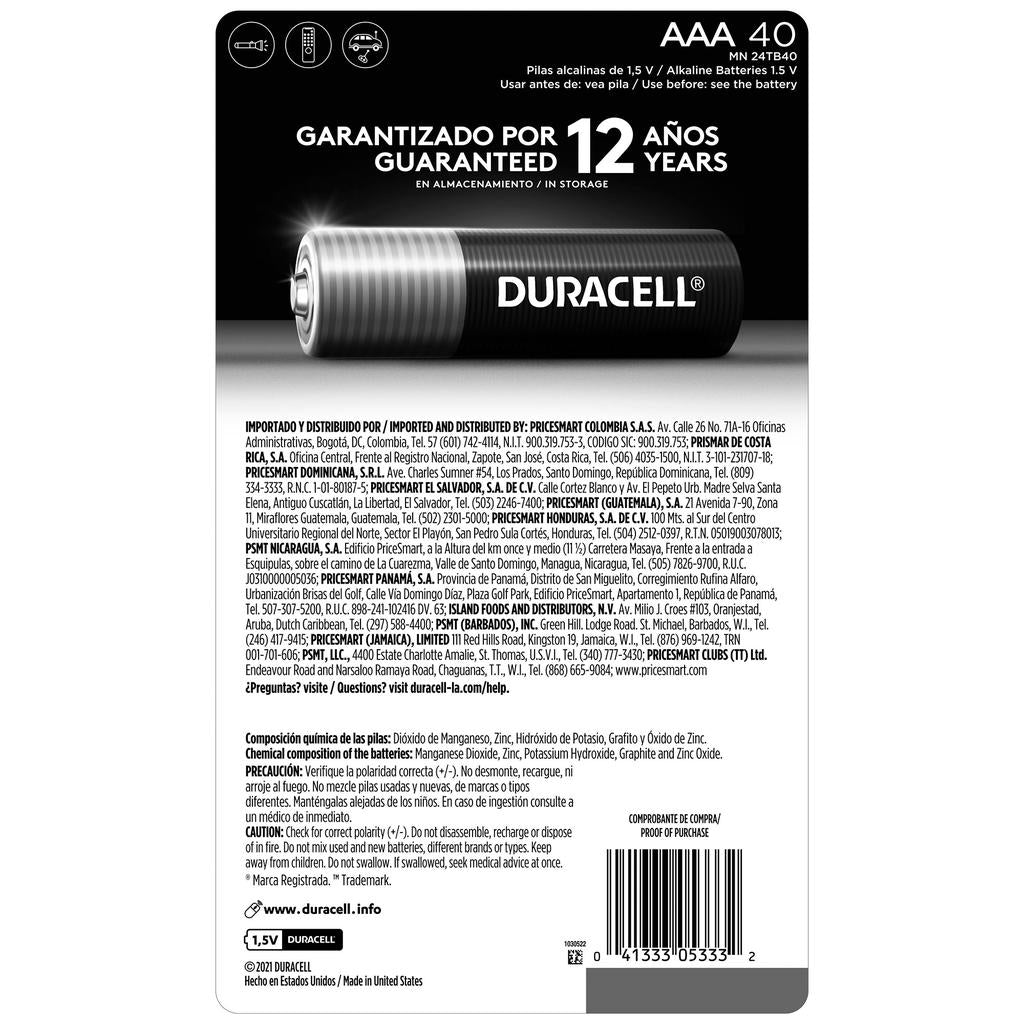 Duracell Baterías Alcalinas AAA | Pack de 40 Unidades | Larga Duración