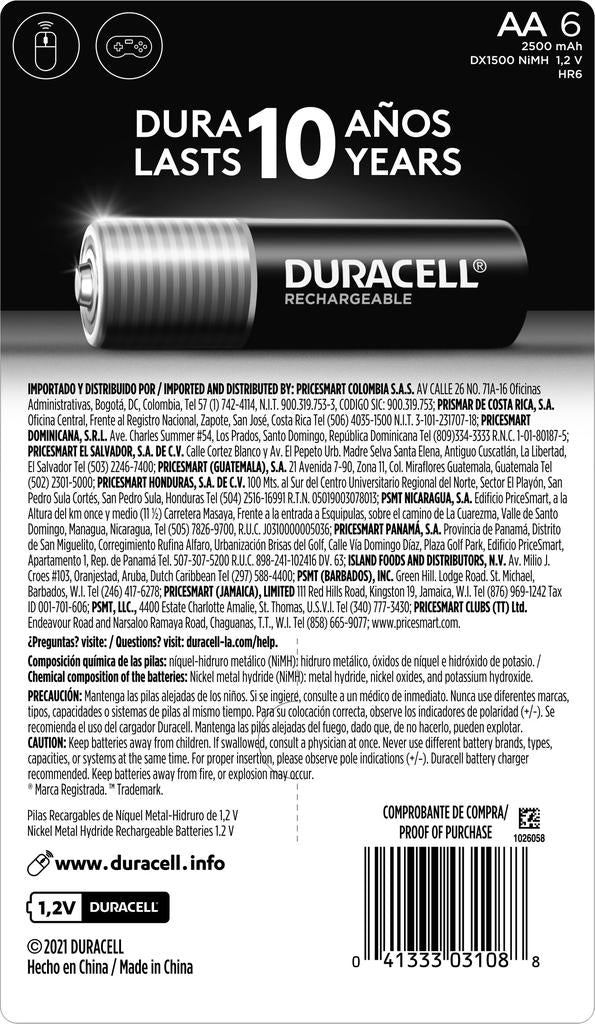 Duracell Baterías Recargables AA | Pack de 6 Unidades | Potencia Reutilizable