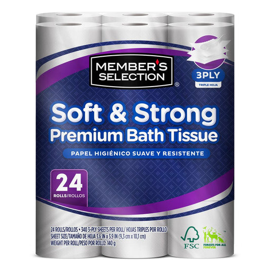 Member's Selection Papel Higiénico Suave y Resistente | 24 Rollos de 340 Hojas