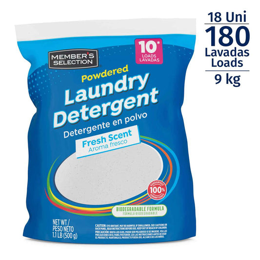 Member's Selection Detergente en Polvo Biodegradable para Ropa | 18 Unidades de 500 g | 10 Lavadas por Unidad